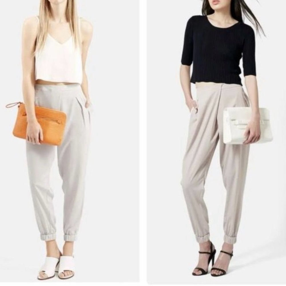 Topshop Silky Formal Joggers | Tulip Pleated Cinched Ankle | Oat Beige | Size 8 - Picture 3 of 15
